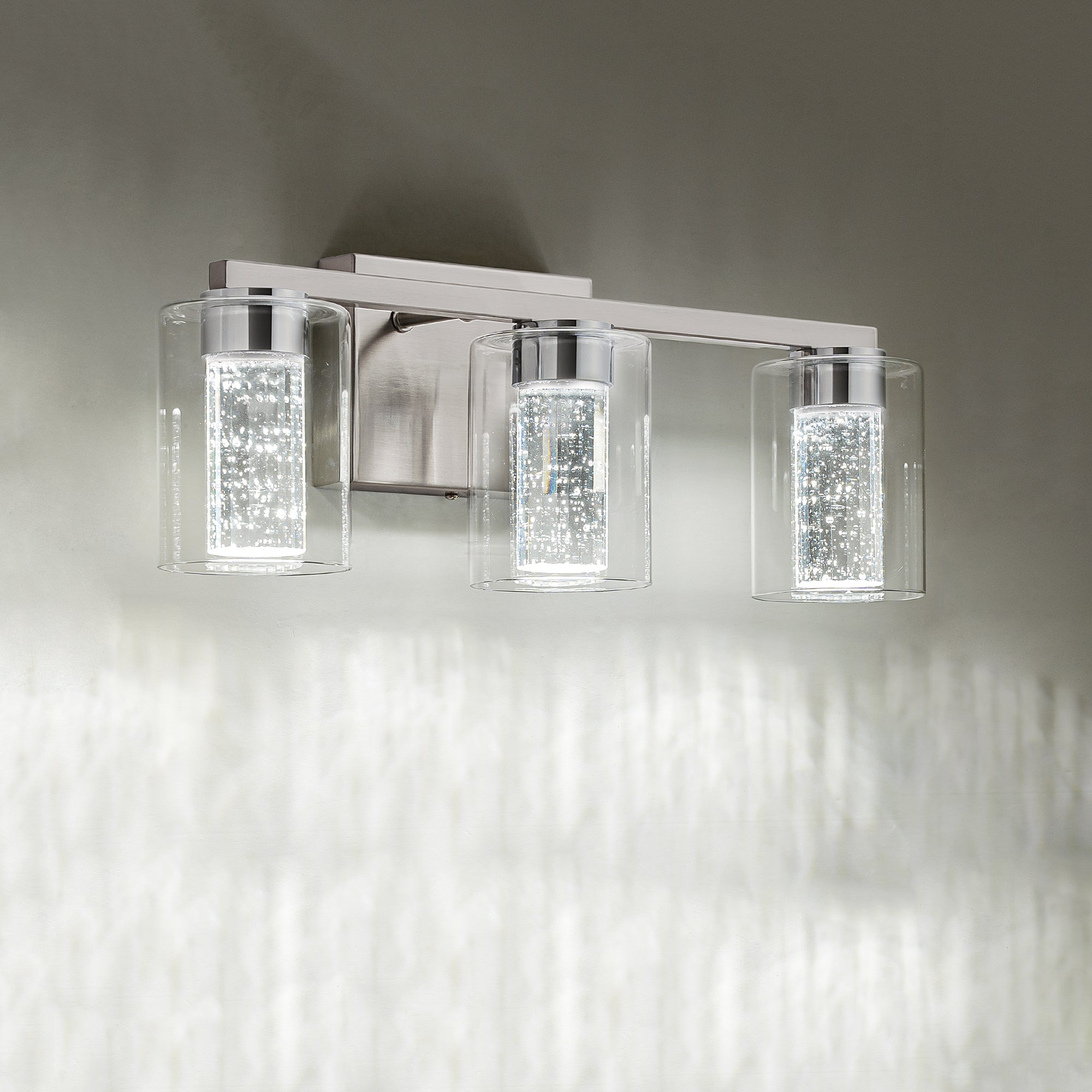 SineRise 3-Light Brushed Nickel Vanity Light with 3 Color Modes (3000K/4000K/6000K), Eye Protection LED Bathroom Light Fixture, Dimmable Modern Wall Light Over Mirror with Clear Glass Shade